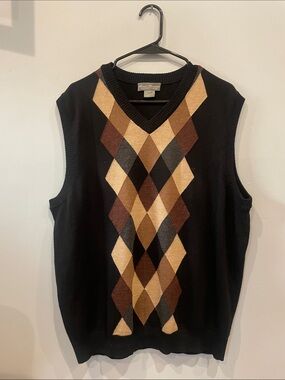 Daniel Cremieux Black V-Neck Sweater Vest with Brown & Tan Argyle